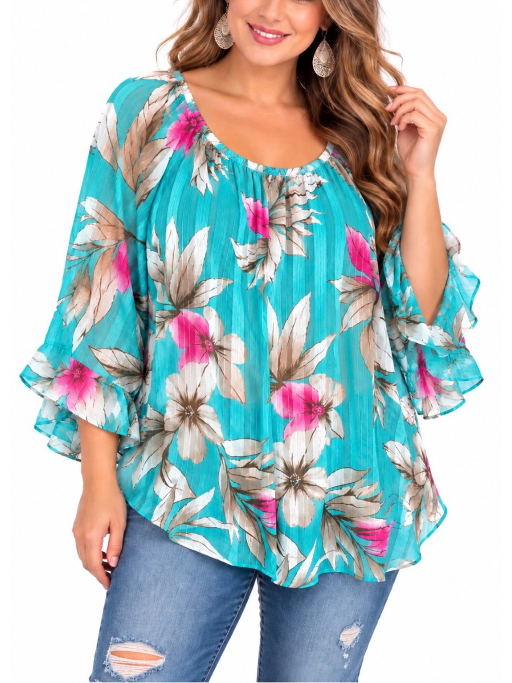 Easel pretty blue floral print ruffle sleeve blouse- Large
